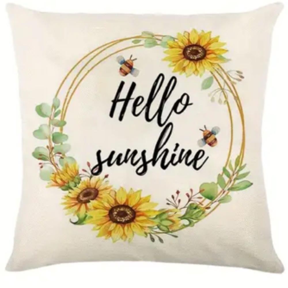 NEW ALL SEASONS HELLO SUNSHINE SUNFLOWER BEES FLORAL DECORATIVE PILLOW COVER 18"
